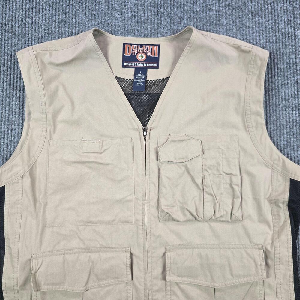 VTG Duluth Trading Co Vest Mens Large Beige Canvas Utility Mesh Pockets Outdoor